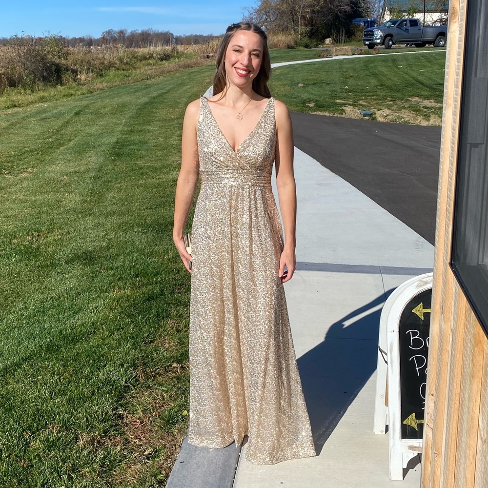 David’s Bridal gold sequin v-neck bridesmaid or wedding guest maxi dress, size 2